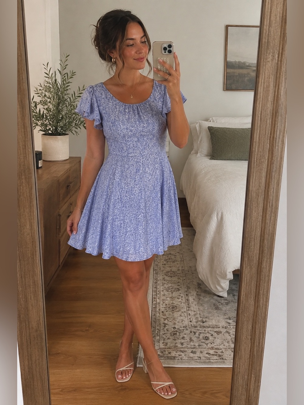 Light Blue Floral Fit-and-Flare Dress with Flutter Sleeves